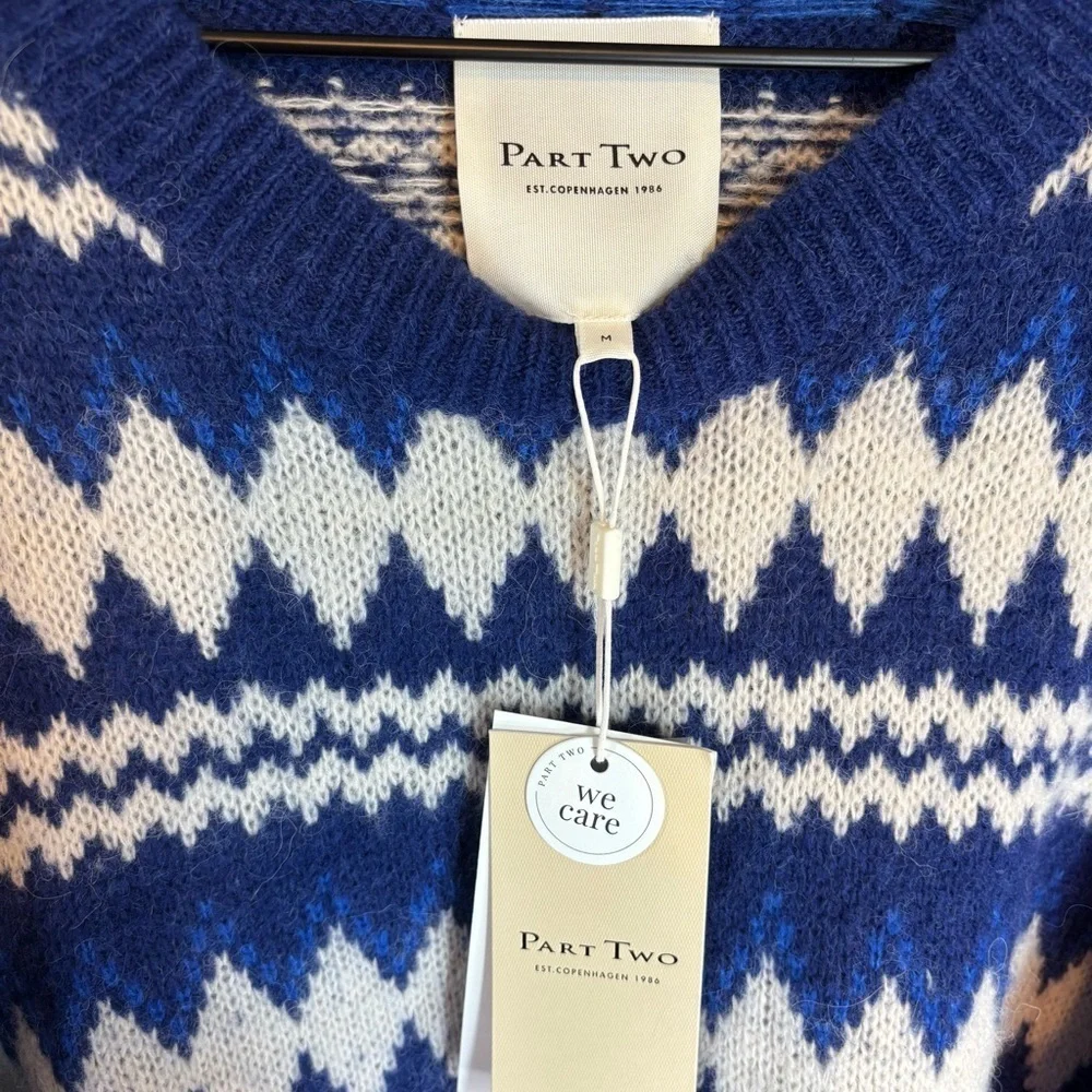 NWT Part Two Medium Alpaca Wool Blend Sweater Blue Knit Jacquard Fair Isle